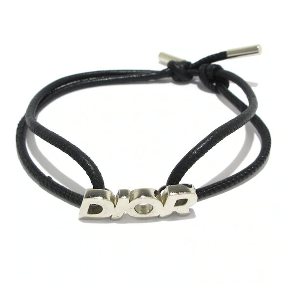 Auth DIOR/ChristianDior ITALIC Bracelet Silver Black Calf Leather Bracelet - Picture 1 of 6
